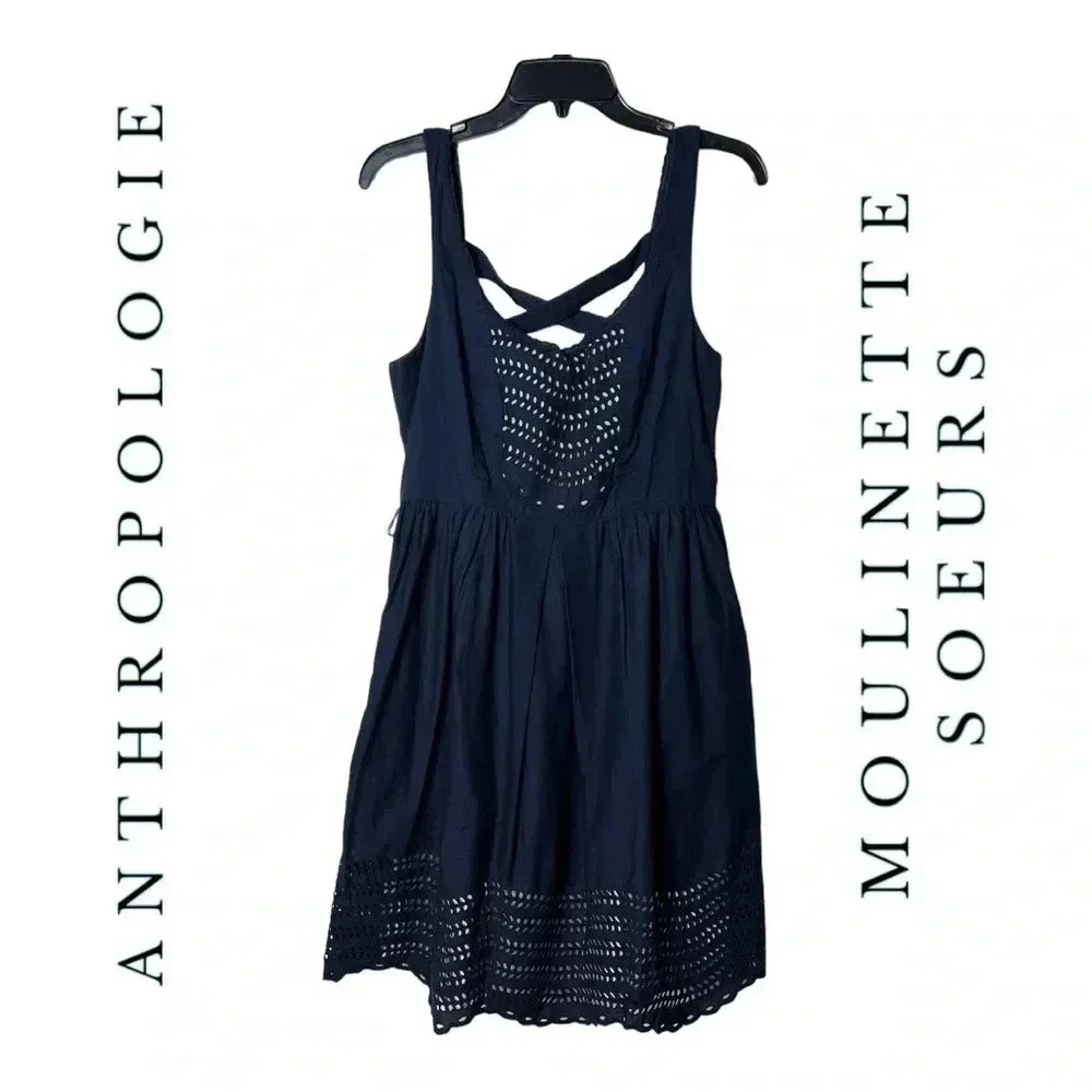 1343. ANTHROPOLOGIE MOULINETTE SOEURS EYELET MIDI SUMMER DRESS SIZE 10 NAVY BLUE